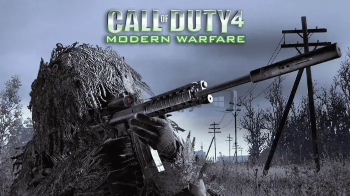 فن الغلاف للعبة Call of Duty 4 يظهر جنودًا في القتال، ويعرض أحداثًا مكثفة وموضوعات عسكرية.
