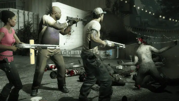 صورة ترويجية للعبة Left 4 Dead 2، تظهر شخصيات تقاتل الزومبي في بيئة ما بعد نهاية العالم.