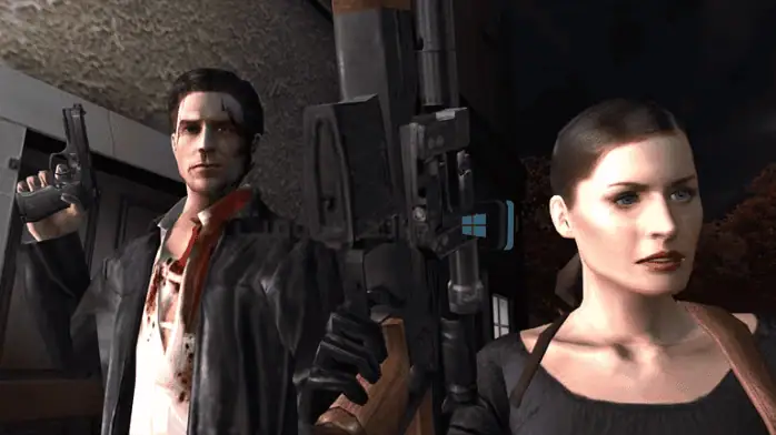 فن الغلاف للعبة Max Payne 1، يظهر فيه عنوان اللعبة وخلفية حضرية مظلمة وجريئة مع شخصية وحيدة.