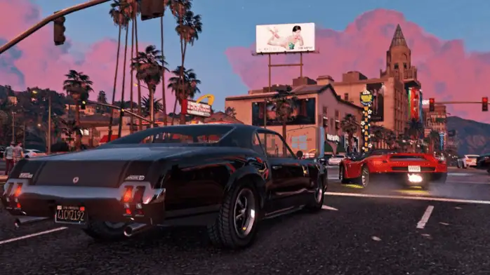 صورة لإعداد جهاز كمبيوتر GTA 10 يتميز ببرج ألعاب أنيق وشاشة ولوحة مفاتيح وماوس على مكتب أنيق.