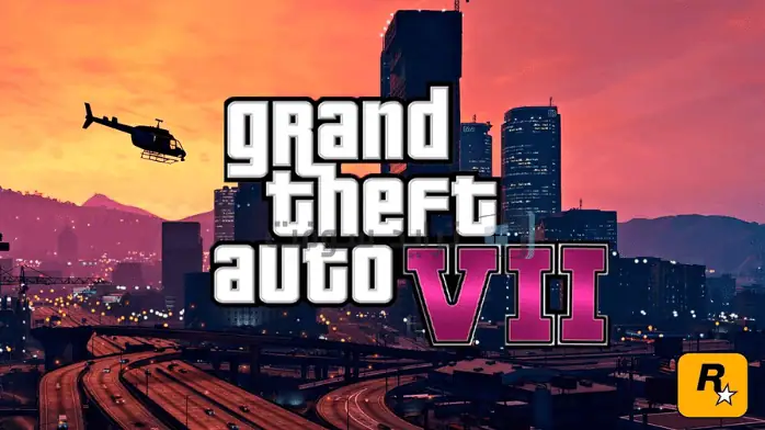 صورة ترويجية للعبة GTA 7 تتضمن مشاهد حركة ديناميكية وشخصيات شهيرة من سلسلة الألعاب.