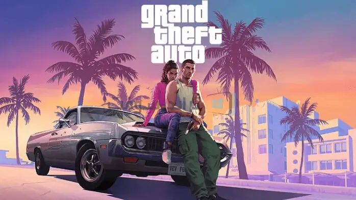 منظر مدينة نابض بالحياة في Vice City، يضم أضواء النيون وأشجار النخيل والهندسة المعمارية الرجعية النموذجية لثمانينيات القرن العشرين.