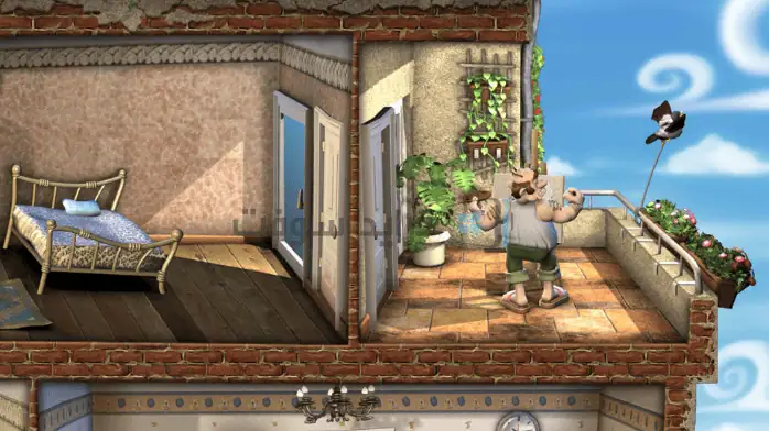 لقطة شاشة للعبة "Hello Neighbor" على الكمبيوتر الشخصي، تُظهر الحي الملون والمنزل الغامض.