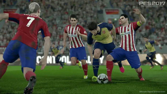 يظهر شعار لعبة PES 2017 لاعب كرة قدم أثناء اللعب، مما يعزز من إصدار اللعبة المجاني للكمبيوتر الشخصي.