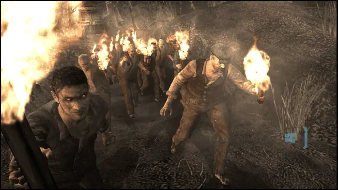لقطة شاشة للعبة Resident Evil 4 على الكمبيوتر الشخصي، تعرض طريقة اللعب المكثفة مع الشخصيات وبيئة مظلمة وجوية.