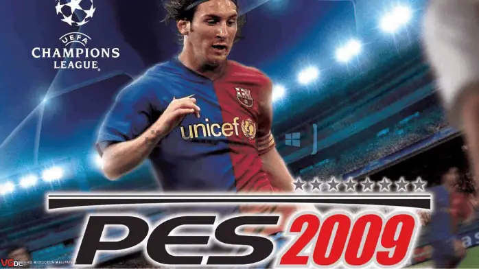 غلاف تحميل لعبة بيس 2009 يظهر فيه لاعب كرة قدم أثناء اللعب، مع عرض عنوان اللعبة بشكل بارز.
