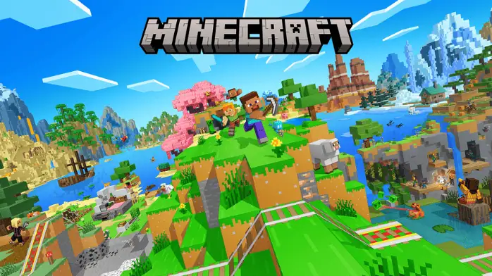 منظر طبيعي نابض بالحياة في تحميل لعبة ماين كرافت يتميز بتضاريس متكتلة وأشجار وسماء ذات بكسلات، مما يُظهر عالم اللعبة الإبداعي.