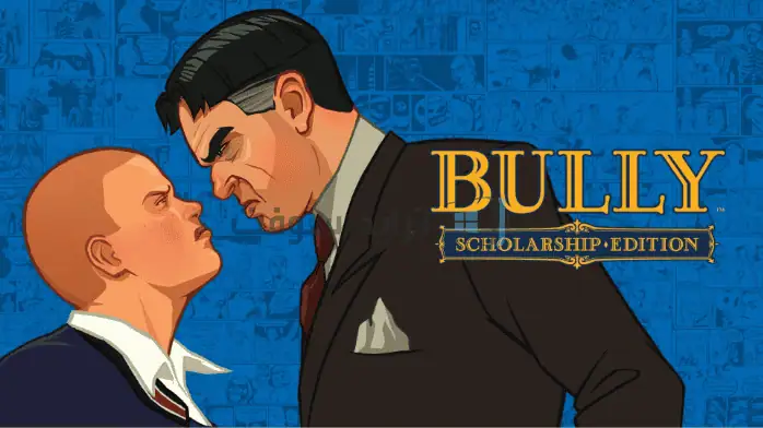 تحميل لعبة Bully صورة لغلاف لعبة فيديو تظهر فيها مدرسة مع شخصية طالب يواجه المتنمرين.