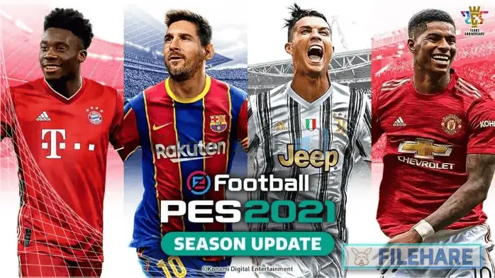 غلاف تحميل بيس 2021 يظهر لاعب كرة قدم ديناميكيًا أثناء اللعب في الملعب مع رسومات نابضة بالحياة.