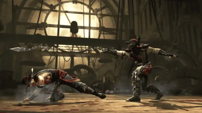 تحميل لعبة Mortal Kombat 9 للكمبيوتر الشخصي يضم شخصيات مميزة في وضعية قتال ديناميكية على خلفية داكنة.