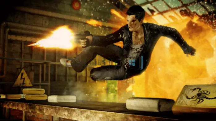 لقطة شاشة من تحميل لعبة Sleeping Dogs، تعرض مشهدًا للمدينة مع أضواء نيون وشخصية أثناء الحركة.