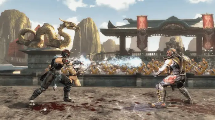 غلاف لعبة Mortal Kombat 9 يضم شخصيات شهيرة في وضعية قتال ديناميكية، متوفر مجانًا على الكمبيوتر الشخصي.