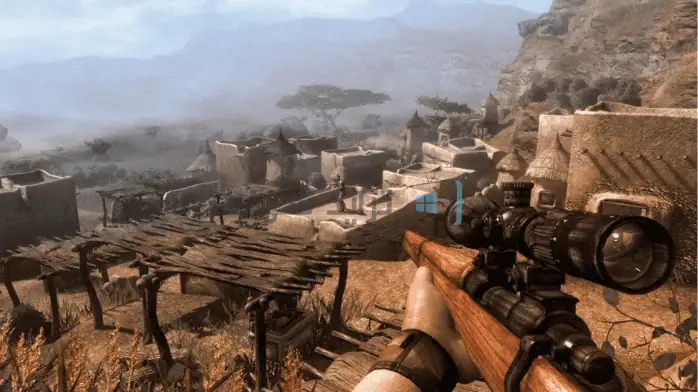 غلاف لعبة Far Cry 2 للكمبيوتر الشخصي يظهر جنديًا في مشهد صحراوي مع غروب الشمس في الخلفية.