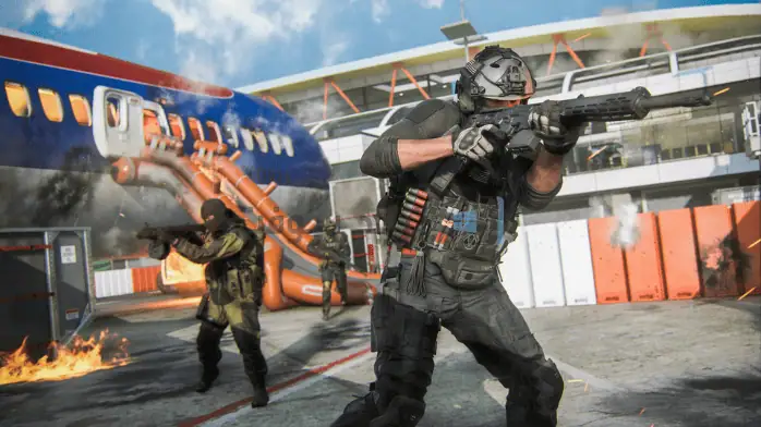 فن الغلاف للعبة Call of Duty: Modern Warfare 3، يتميز بالعمل العسكري المكثف والشخصيات المميزة في بيئة مزقتها الحرب.