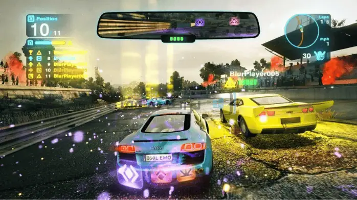 لقطة شاشة للعبة السباق "Blur" على الكمبيوتر الشخصي، تعرض سيارات عالية السرعة ورسومات نابضة بالحياة في مشهد مليء بالإثارة.