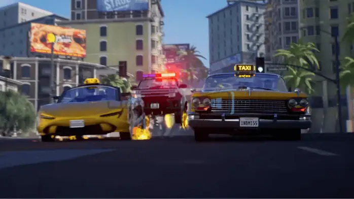 4لقطة شاشة للعبة Crazy Taxi على الكمبيوتر الشخصي، تتميز بمناظر المدينة النابضة بالحياة وسيارة أجرة تلتقط الركاب في بيئة سريعة الخطى.