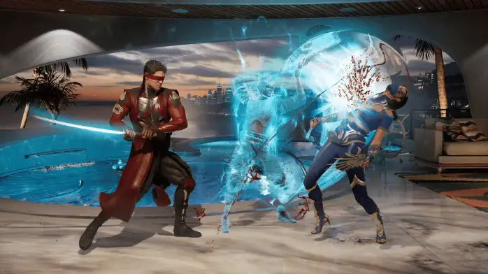 غلاف لعبة Mortal Kombat 9 يضم شخصيات مميزة في وضعية قتال ديناميكية، ويعرض الحركة المكثفة والرسومات.