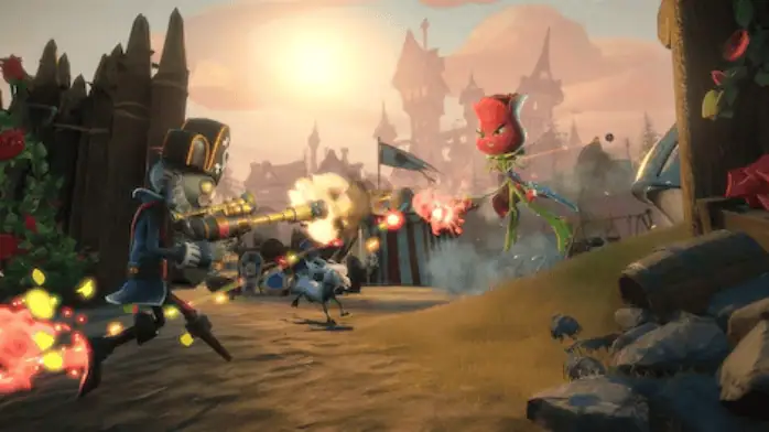 لقطة شاشة للعبة Plants Vs Zombies 2 على الكمبيوتر الشخصي، والتي تتميز بالنباتات الملونة والزومبي في معركة في الحديقة.