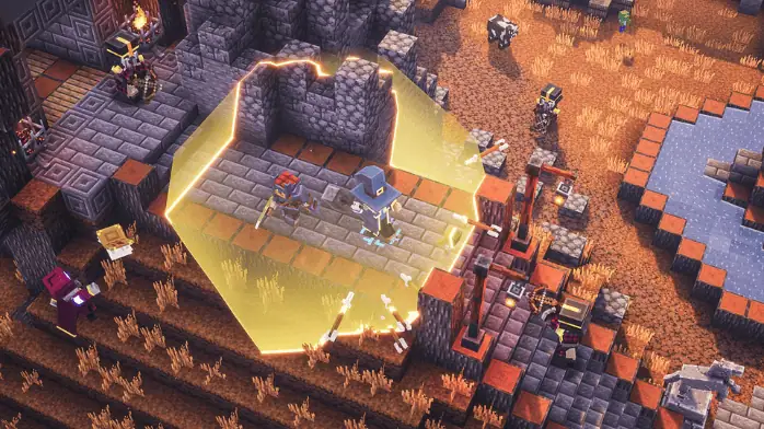لقطة شاشة للعبة Minecraft على الكمبيوتر الشخصي، تعرض مشهدًا نابضًا بالحياة مع شخصيات تقوم بالبناء والاستكشاف.