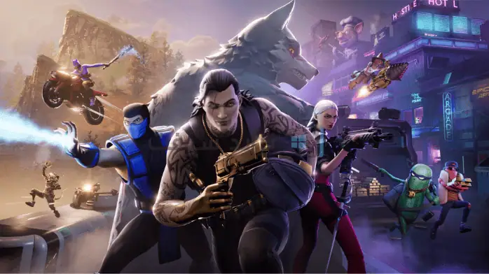 لقطة شاشة للعبة Fortnite على الكمبيوتر الشخصي، تعرض رسومات وشخصيات نابضة بالحياة في بيئة معركة ملكية مليئة بالإثارة.
